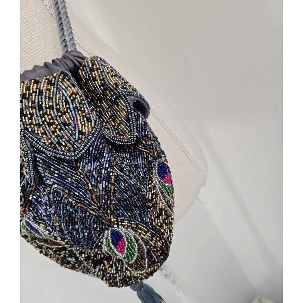 Peacock Beaded Satin Pouch Purse Crossbody Tapestry Strap Vintage Inspired Bird - Picture 4 of 11